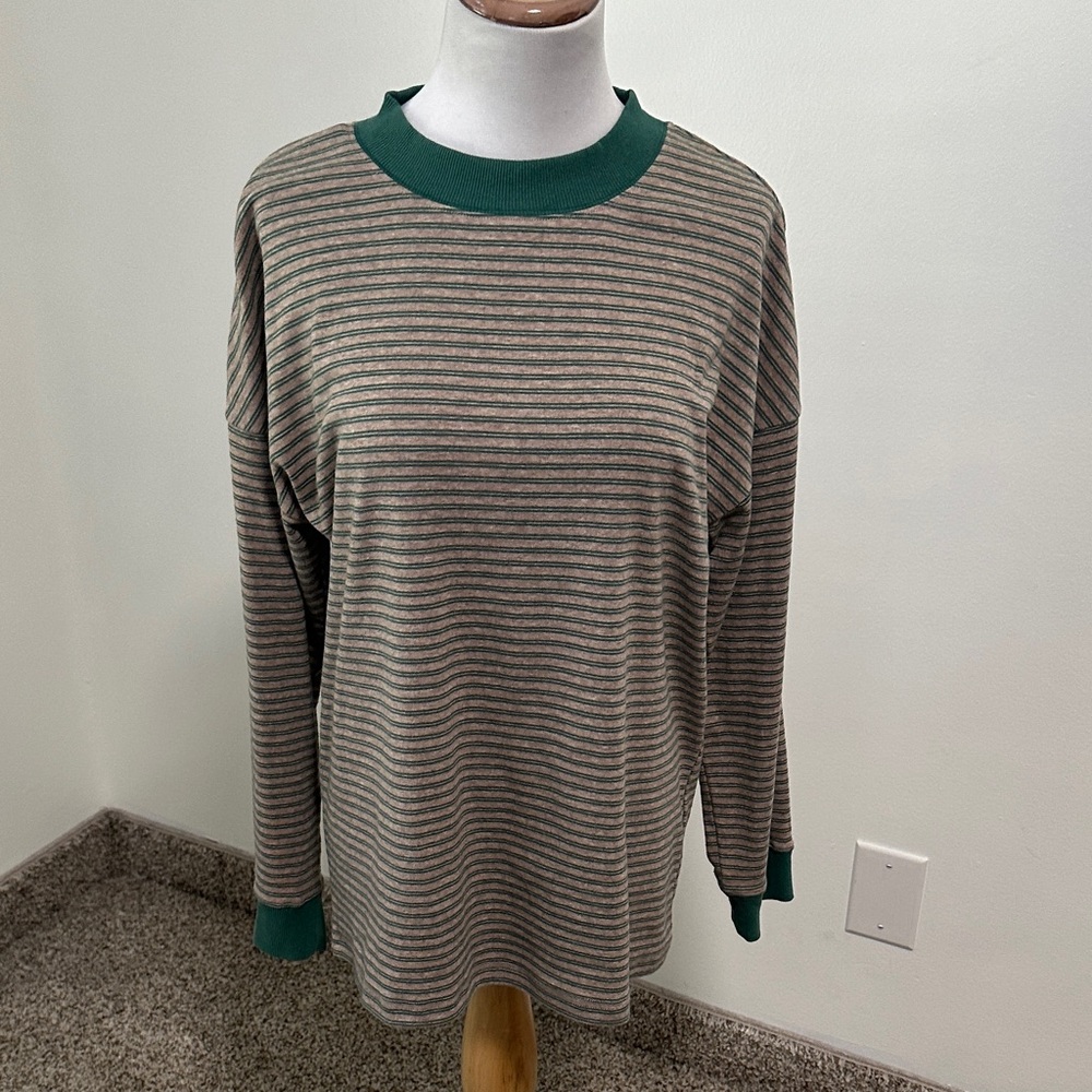 Striped Crewneck Long-Sleeve Top in Green and Taupe